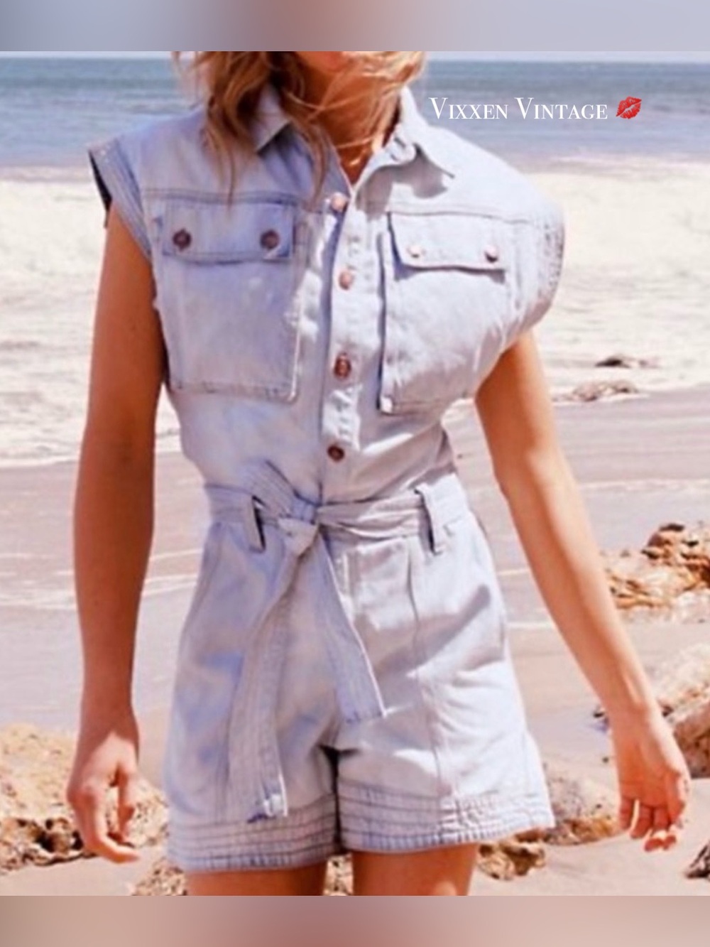 HAPPY X NATURE KATE HUDSON ‘BELTED DENIM UTILITY ROMPER’ IN LIGHT WASH